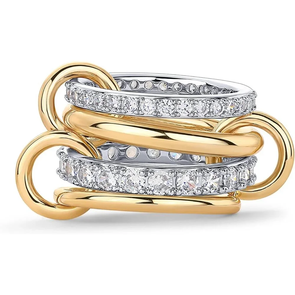 14K Gold Plated Interlocked Stackable Rings for Women - Statement Mixed Metals M